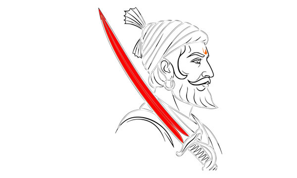Minimalist line art sketch portrait of Chhatrapati Shivaji Maharaj with turban and red sword diagonal accent on white background for Shiv Jayanti celebration poster design