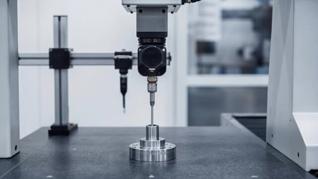 A precision coordinate measuring machine (CMM) inspects a metal machined part with a probe tip, industrial quality control concept
