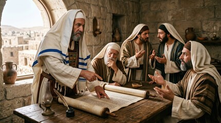 Naklejka premium High priest and pharisees gathered around wooden table examining ancient parchment scroll in stone room. Biblical scene depicting council of religious leaders in Jerusalem historical setting.