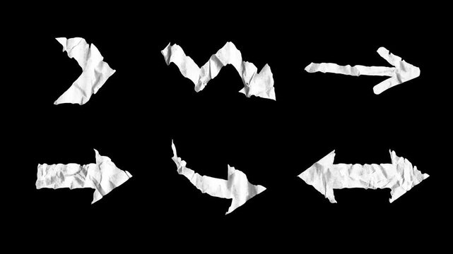 Animated stop motion pack of crumpled white paper arrows on a black background. Versatile directional symbols perfect for tutorials, vlogs, and creative video edits