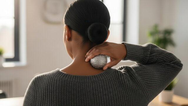 Unrecognizable adult woman massaging her sore neck with a small massage ball indoors. Concept of self-care and pain relief