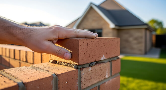 A hand placing a brick on top of a brick wall in a residential area