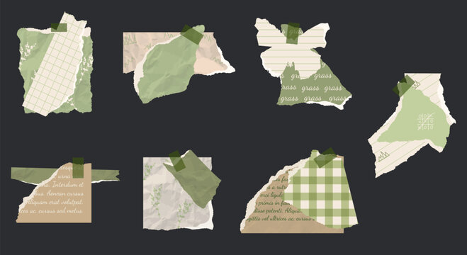 Collection of green scrapbook torn paper set. Retro paper decor. Scraps of green vintage wrapping paper, postcards, butterfly. Vector design template for design collage.