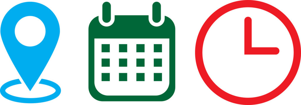 Set of location, calendar, and clock icons representing time and place management isolated on transparent background