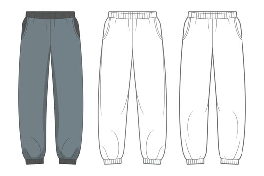 Women Sweatpants Technical Flat Sketch Vector, Apparel Design Mockup Template for Fashion Production, Detailed Garment Blueprint with Front and Back Views, Clothing Tech Pack Illustration