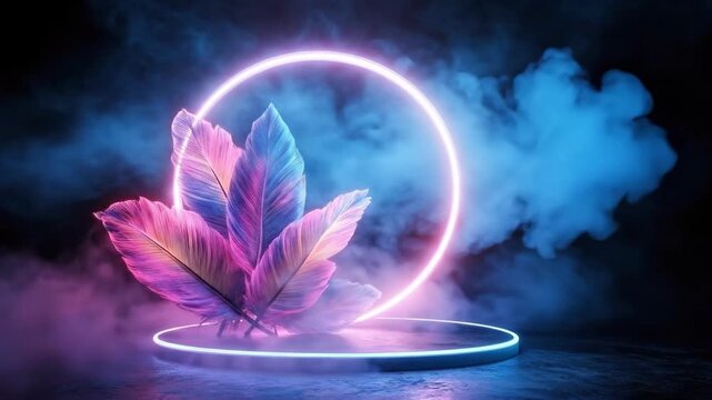 Neon feathers with glowing circle and smoke in vibrant abstract composition