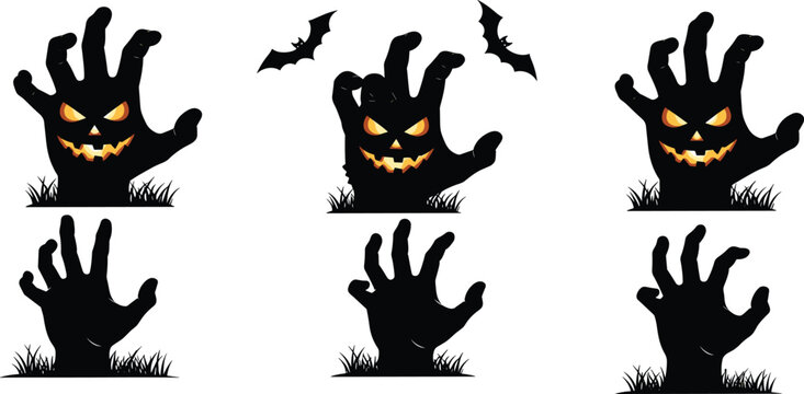 Vector illustration set of black silhouette hands with fire and a collection of Halloween horror icons featuring a cat, bat, and ghost art design