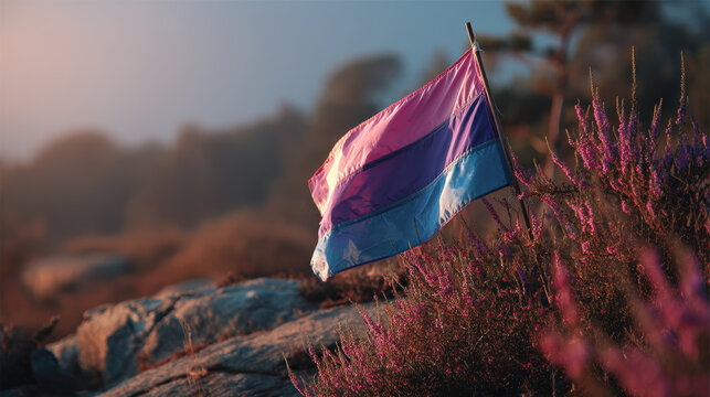 Bisexual pride flag waving proudly outdoors, representing lgbtq+ identity and love.