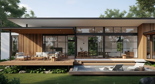 Modern luxury house with wooden deck and swimming pool