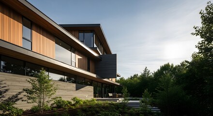 Fototapeta premium Modern luxury house exterior with wood siding and concrete base