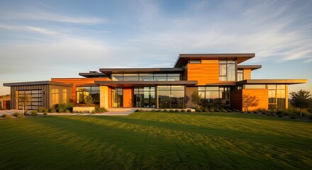 Obraz premium Modern luxury home exterior with wood siding and large windows