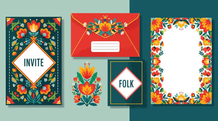 Set of folk art style invitations and envelopes with floral patterns © Saharia