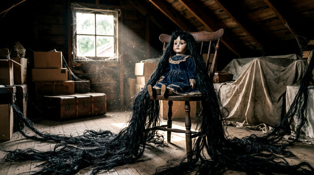 Captive of the Attic: Haunted Doll with Infinite Black Hair