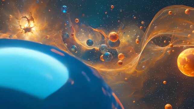 Abstract illustration of spheres and celestial elements against a cosmic backdrop