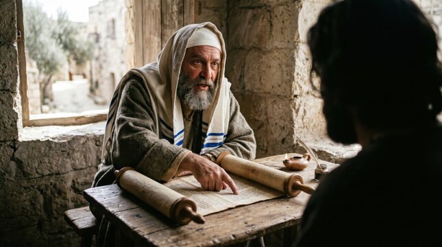 Pharisee reading an ancient scroll to a man. Ancient biblical scholar teaching holy scripture in stone room. Religious study of divine law in antiquity. Historical drama scene.