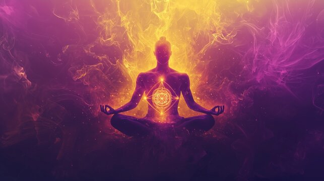Spiritual wellness illustration of a meditating human figure with glowing golden digestive energy chakra at solar plexus, flowing warm light waves spreading through body,