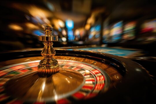 Spinning roulette wheel in a dimly lit casino with blurred background lights