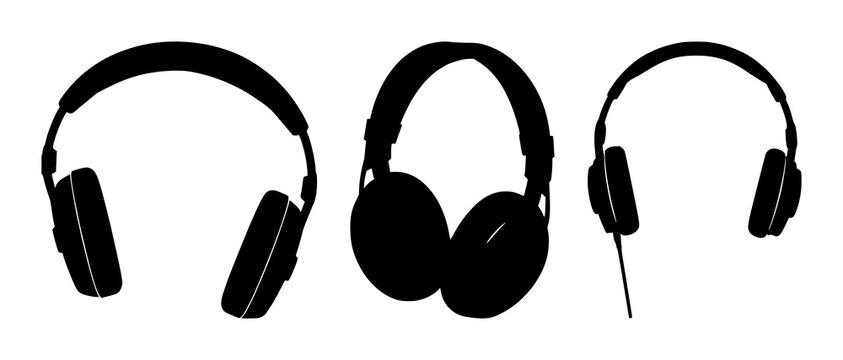 Headphones set with simple black silhouette against white background featuring headphones, audio, audio equipment with line art and graphic design