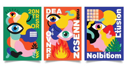 Fototapeta premium Set of abstract surreal posters with eyes and organic shapes