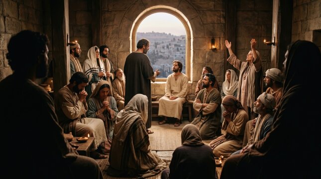Apostles and women gathering in the upper room on Pentecost. Group of people praying and receiving the Holy Spirit in biblical Jerusalem. Scene from Acts of the Apostles, Christian event.