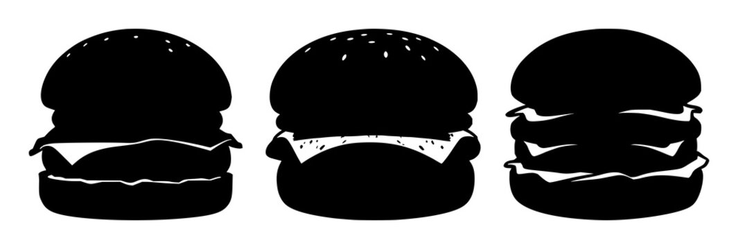 Hamburger set with black silhouette on white background, minimalist line art of a stacked patty, bun, lettuce, tomato featuring food, iconography, fastfood with culinary and dining