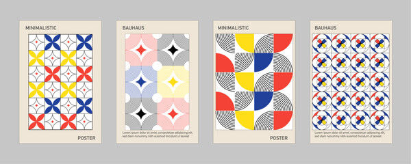 Bauhaus geometric poster set minimalist abstract vector with primary colors in mid century modern style © Thuong