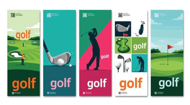 Set of vertical golf banners with players, clubs, and golf course landscapes vector illustration for sports competition, tournament, or club promotion