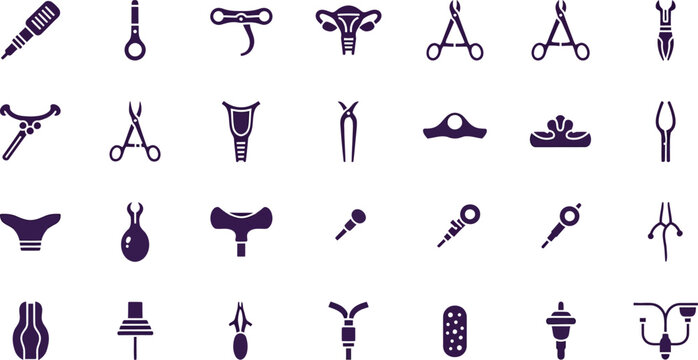 Assorted medical and surgical instruments and tools icon collection Vector