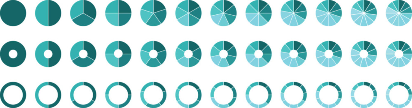 Circle pie chart diagram. Circle division infographic icon set. Loading bar set diagram multicolored collection. Pie chart divided 1,2,3,4,5,6,7,8,9,10, 11, 12 equal parts.	