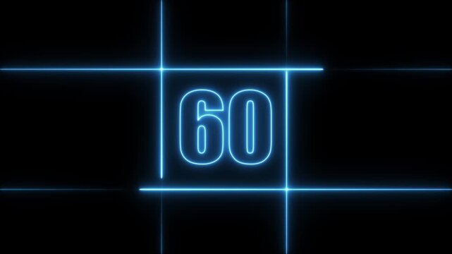 65 to 0 second modern digital countdown timer neon light style on black background, 65 seconds simple countdown timer. 65 second technology digital neon led light game timer animation