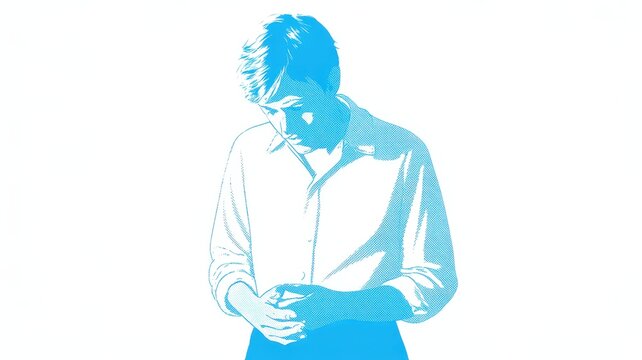 Stylized blue halftone illustration of a young man looking down in deep thought or contemplation