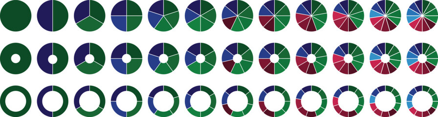 Obraz premium Circle pie chart diagram. Circle division infographic icon set. Loading bar set diagram multicolored collection. Pie chart divided 1,2,3,4,5,6,7,8,9,10, 11, 12 equal parts. 
