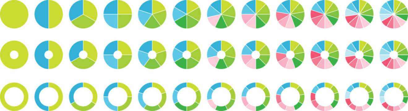 Circle pie chart diagram. Circle division infographic icon set. Loading bar set diagram multicolored collection. Pie chart divided 1,2,3,4,5,6,7,8,9,10, 11, 12 equal parts.	