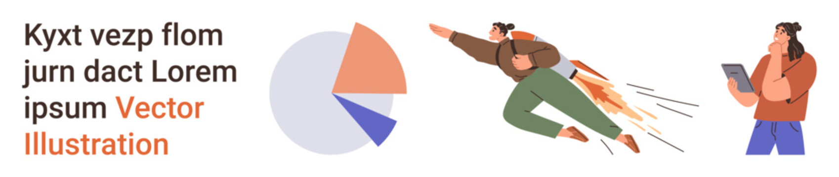 Business success, analytics, teamwork, innovation, leadership, career progress. Pie chart, individual flying with rocket person holding tablet. Business success and analytics concept
