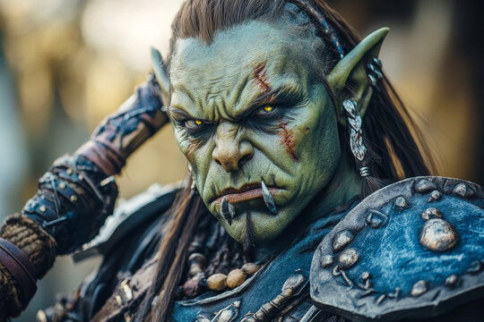 Close-up portrait of a fierce orc warrior with green skin, tusks, and glowing eyes, wearing battle-worn armor and showcasing intricate facial details