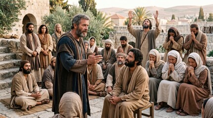 Obraz premium Apostle preaching to a group of disciples in ancient Jerusalem. Men and women gathered for prayer and spiritual teaching in biblical times. Religious scene representing Pentecost history.