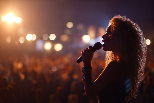 Female singer silhouette performing on stage with microphone under concert lights and blurred crowd &mdash; dramatic live music performance at night
