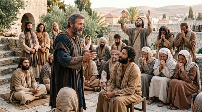 Apostle preaching to a group of disciples in ancient Jerusalem. Men and women gathered for prayer and spiritual teaching in biblical times. Religious scene representing Pentecost history.