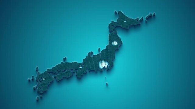 放射状に広がって色が変化していくバルトブルーの日本地図（凸凹グリッド・影付き）
