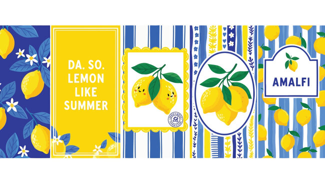 Amalfi style lemon summer pattern collection with blue and white stripes