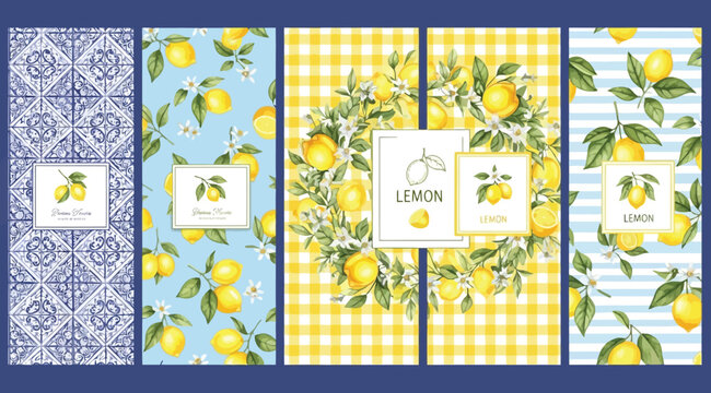 Lemon pattern collection with citrus fruits, leaves, and flowers on various backgrounds