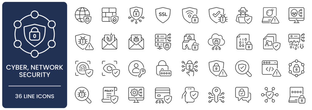 Cybersecurity and network security line icon set. Collection of data protection, firewall, encryption and access control outline vector symbols with editable stroke.