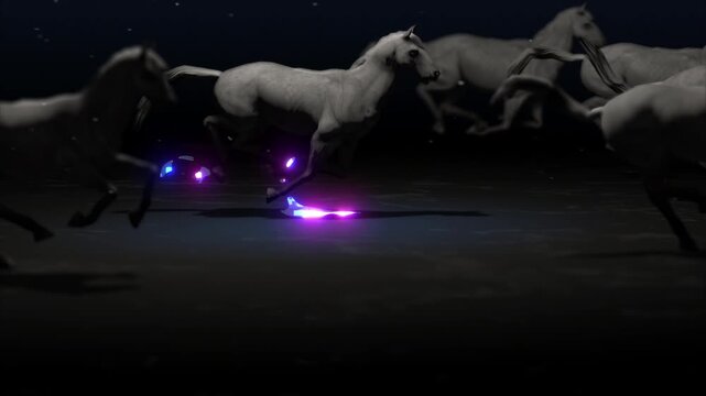 Futuristic Horses Running with Neon Light Streaks &ndash; Loopable