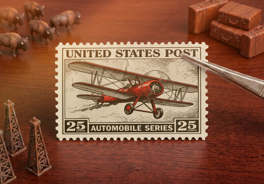 Blank stamp frame mockup on wooden desk with miniature props