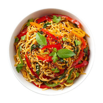 delicious noodles with vegetables and herbs in a white bowl isolated on transparent background