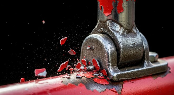 Red metal pipe with paint chipping off revealing metallic surface. Close-up of pipe joint displays rust and wear, highlighting texture and industrial elements.