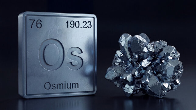 A metallic square tile with the chemical symbol Os and atomic data for Osmium stands next to a cluster of blue-gray osmium crystals on a dark surface.