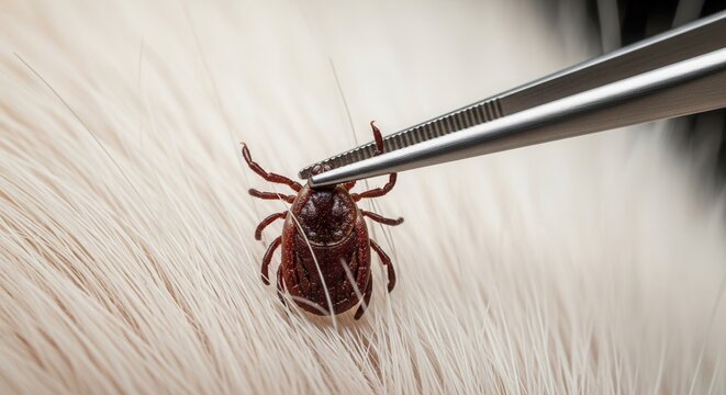 Tick removal from pet's fur using medical tweezers for health maintenance. This tick removal process is crucial for preventing disease in pets. Concept of pet care and vet practice in tick management.