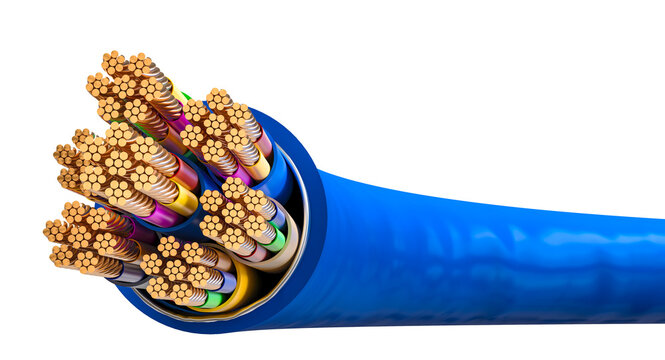 Exposed blue electrical cable showing copper wires 3d