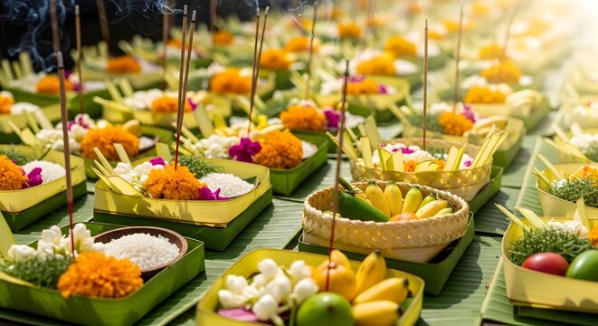 Traditional Hindu ritual offerings for Raja Parba festival in Odisha India, featuring marigold flowers and incense sticks in leaf baskets to celebrate fertility and harvest.